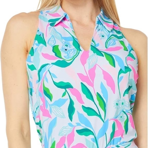 Lilly Pulitzer Luxletic Lakelyn Bra Polo Top Holding Court Pink Blue Size L - Picture 1 of 3